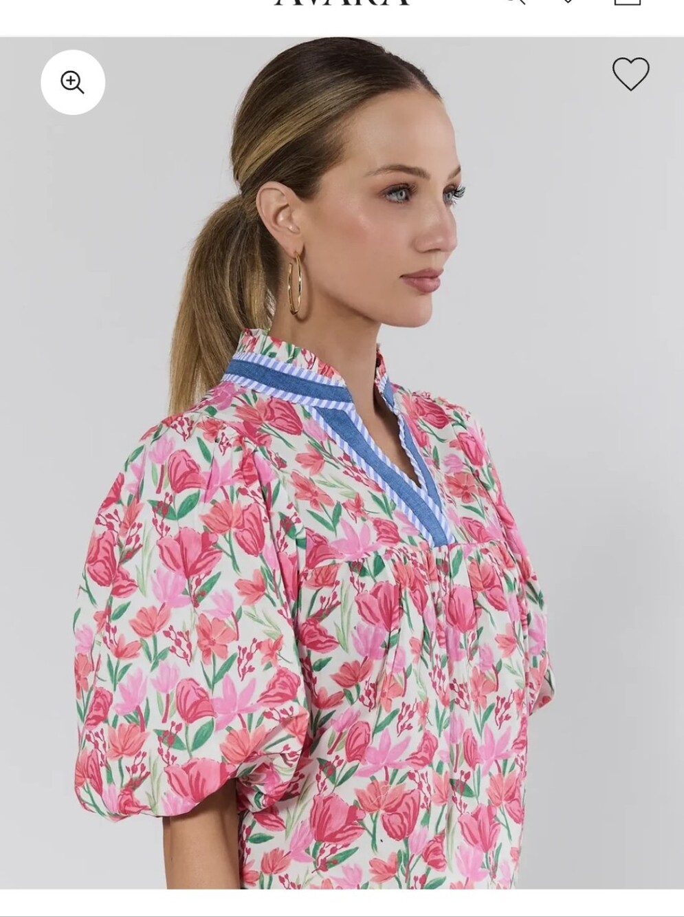 THML Pink Floral Puff Sleeve Top with Blue-Trim V-Neck - Picture 3 of 6